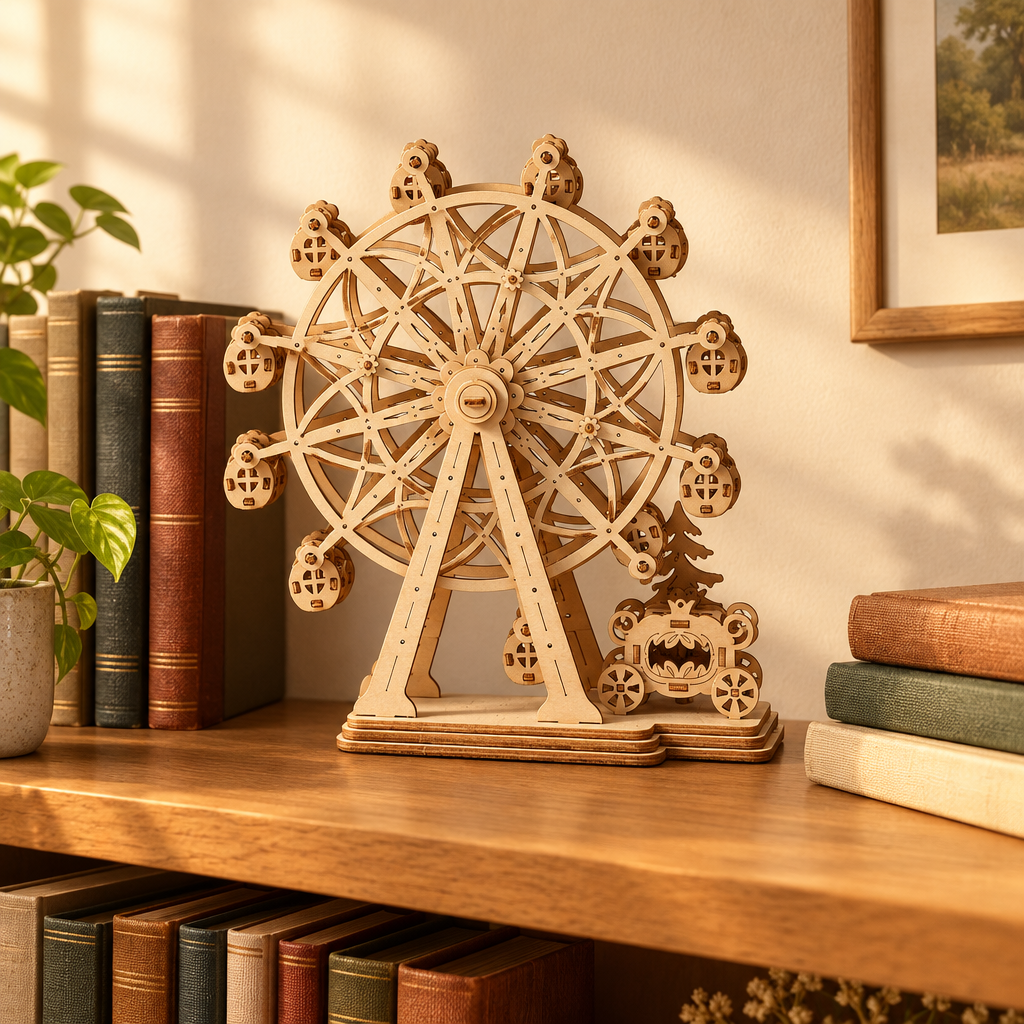 La maquette exposee sur une etagere de bibliotheque