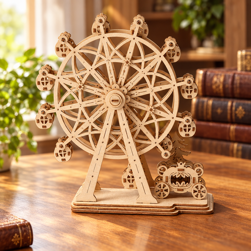 Maquette mecanique en bois de grande roue assemblee, posee sur un bureau