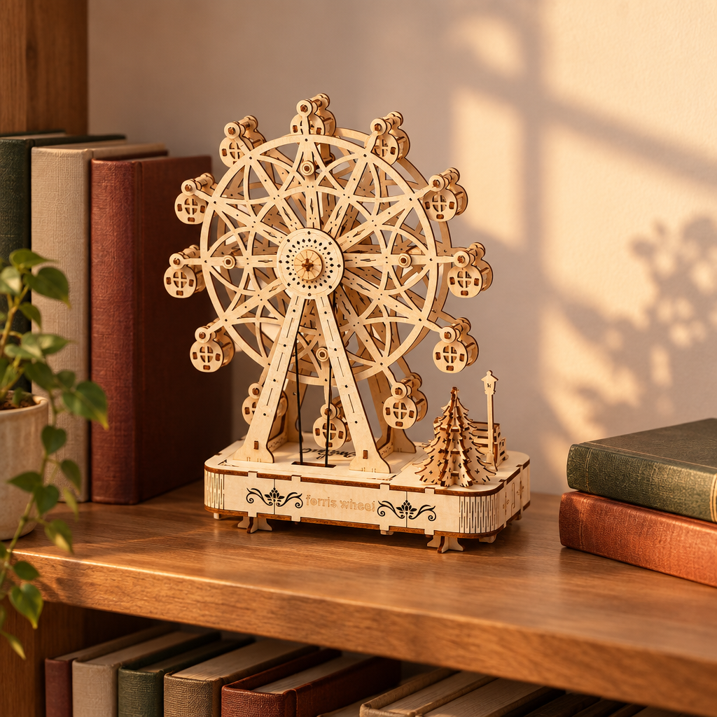 La maquette exposee sur une etagere de bibliotheque