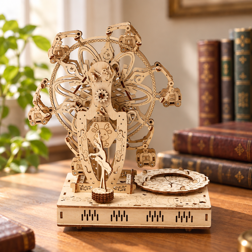 Maquette mecanique en bois de grande roue assemblee, posee sur un bureau
