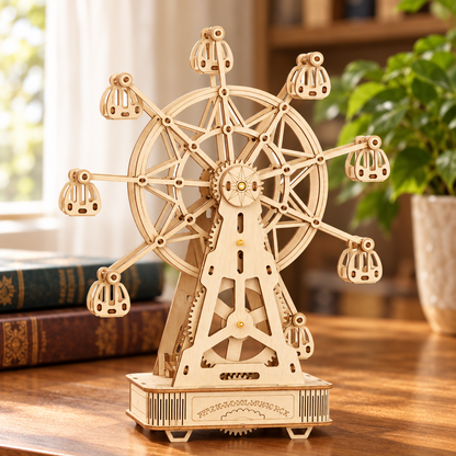 Maquette mecanique en bois de grande roue assemblee, posee sur un bureau