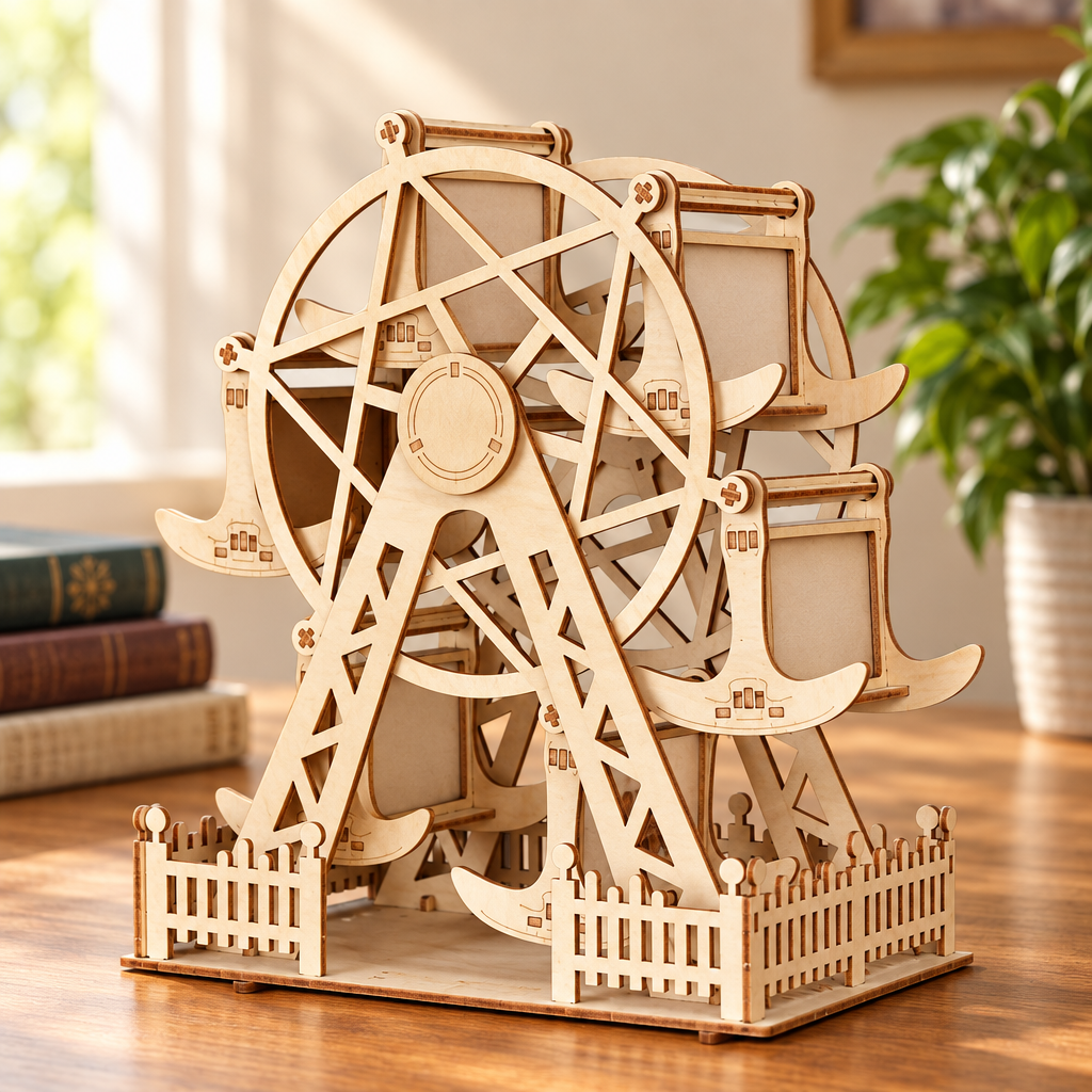 Maquette mecanique en bois de grande roue porte-photos assemblee, posee sur un bureau