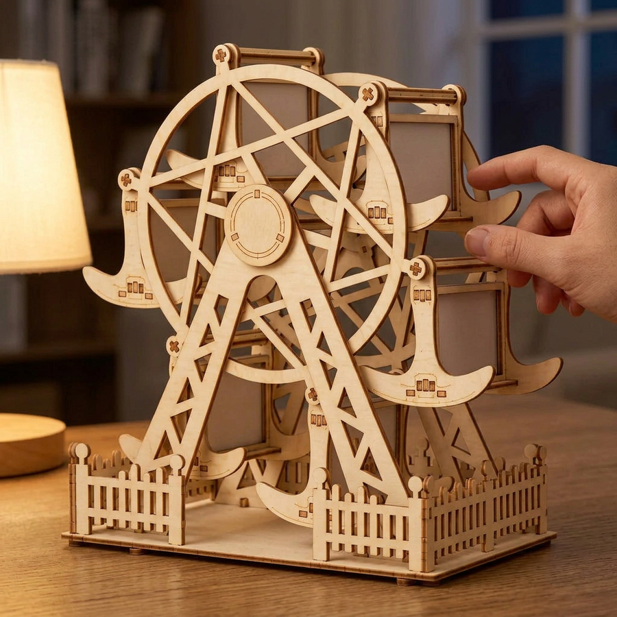 Schritt 3 beim Aufbau: In Gang setzen – Riesenrad Modell aus Holz — Der Riesenrad-Bilderrahmen