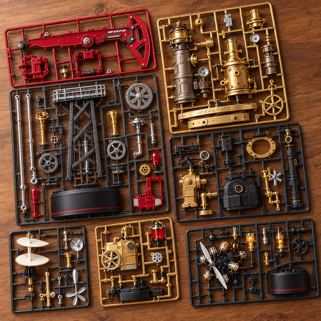 Les grappes de pieces du kit, posees a plat sur un bureau