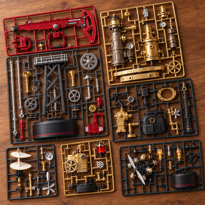 Les grappes de pieces du kit, posees a plat sur un bureau