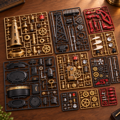 Les grappes de pieces du kit, posees a plat sur un bureau