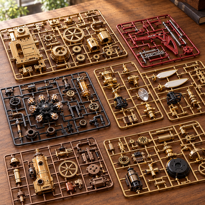 Les grappes de pieces du kit, posees a plat sur un bureau