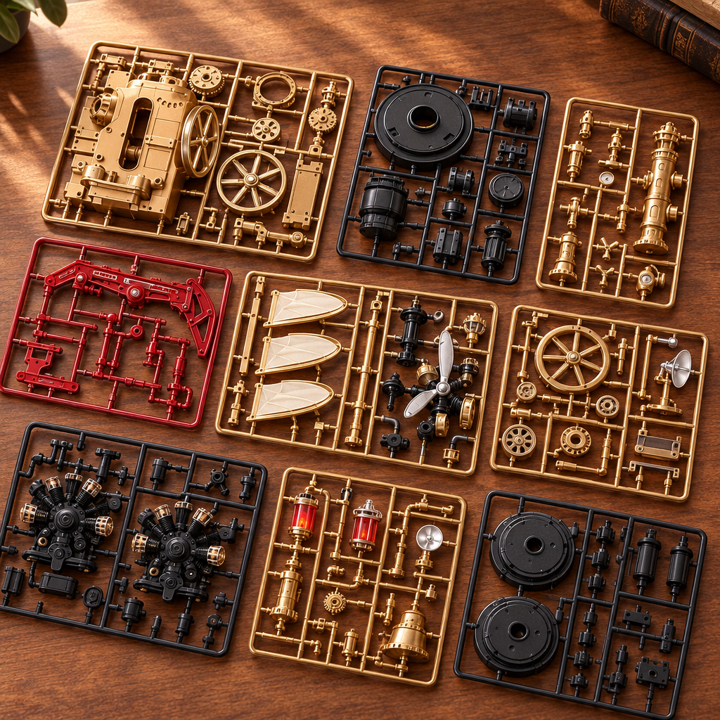 Les grappes de pieces du kit, posees a plat sur un bureau