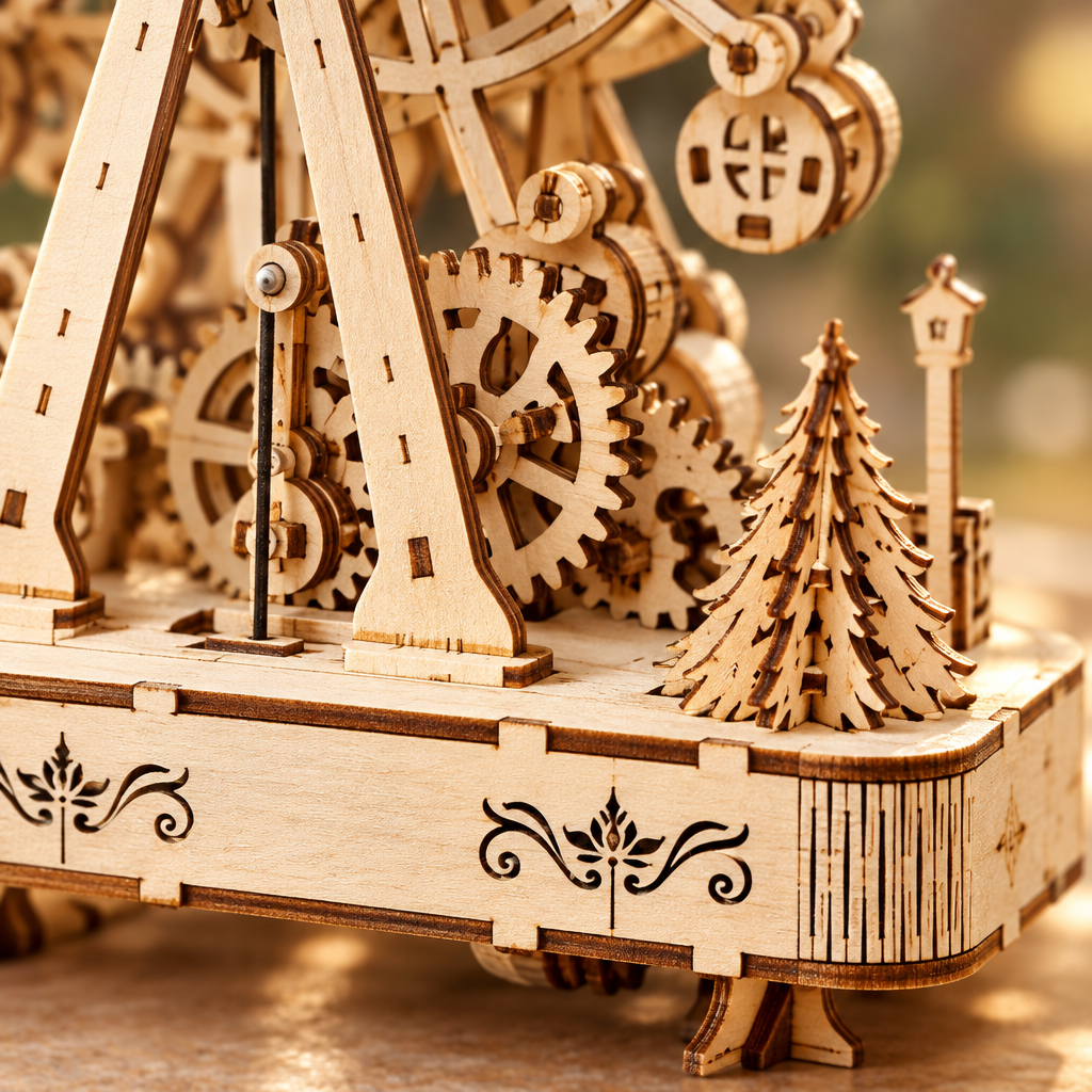 Detail macro des engrenages du mecanisme dans le socle en bois