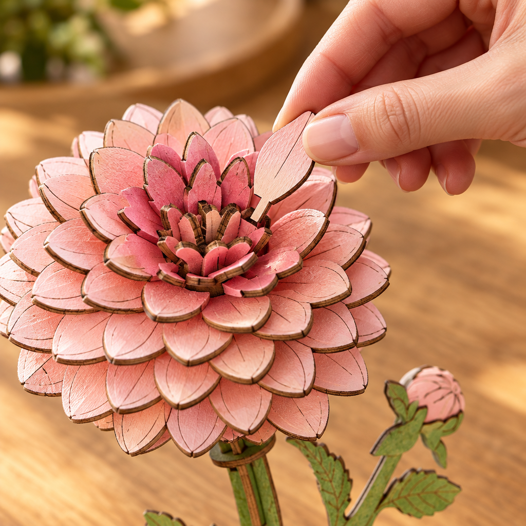 Une main glisse un petale dans une encoche du coeur de la fleur