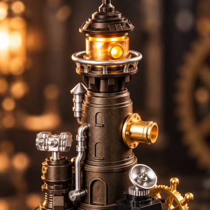 Detail macro des engrenages dores et de la lanterne du phare