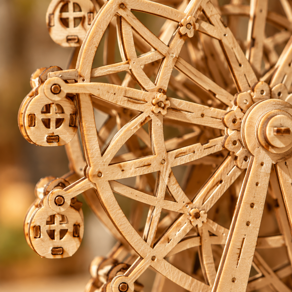 Detail macro des nacelles et des rayons de la roue en bois
