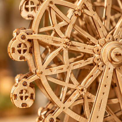 Detail macro des nacelles et des rayons de la roue en bois