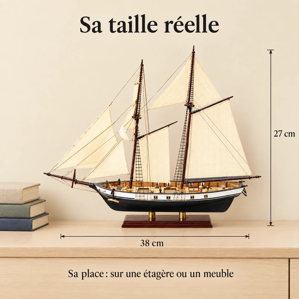 The Harvey Sailboat on a piece of furniture, dimensions 38 × 13 × 27 cm