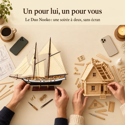 Two people building a NOOKO kit side by side, a screen-free evening