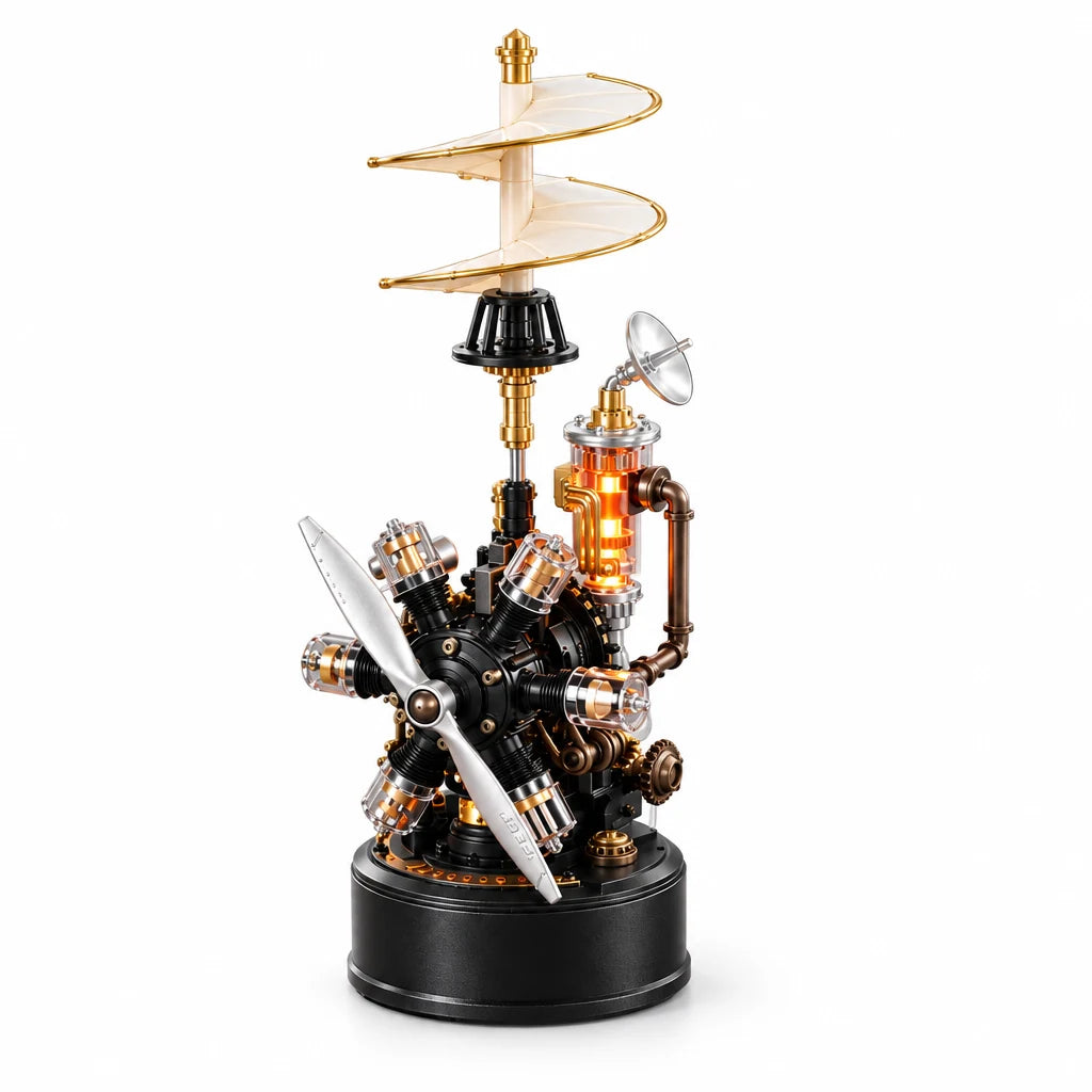 The Industrial City Hand-Crank Helicopter by NOOKO, assembled and lit up on a white background