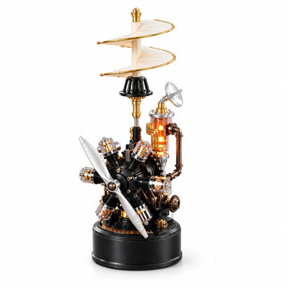 The Industrial City Hand-Crank Helicopter by NOOKO, assembled and lit up on a white background