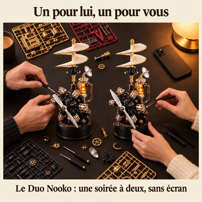 Two people building a NOOKO kit side by side, a screen-free evening