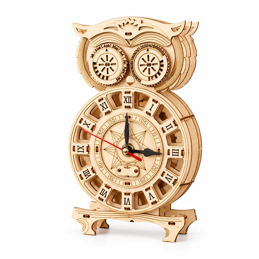 The Owl Pendulum Clock by NOOKO, assembled on a white background