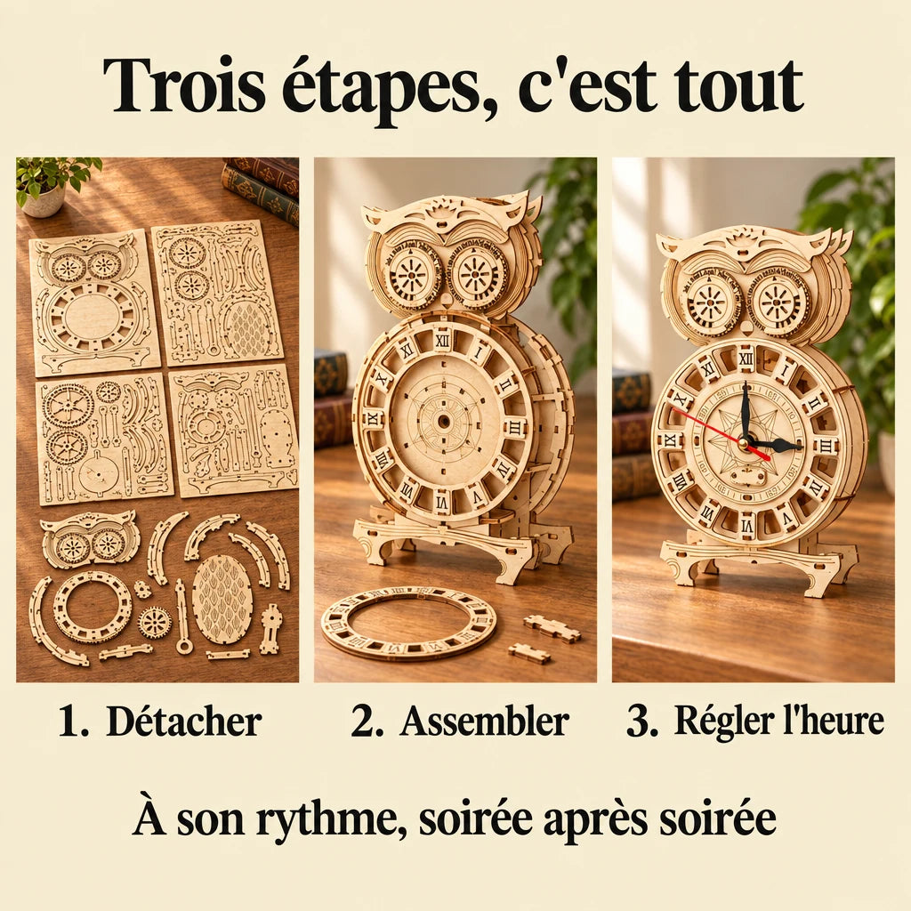 The three build steps of the Owl Pendulum Clock