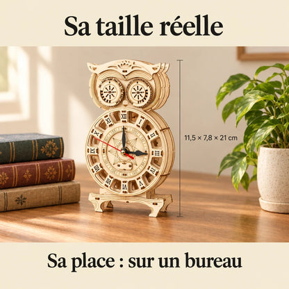 The Owl Pendulum Clock on a desk, dimensions 11.5 × 7.8 × 21 cm