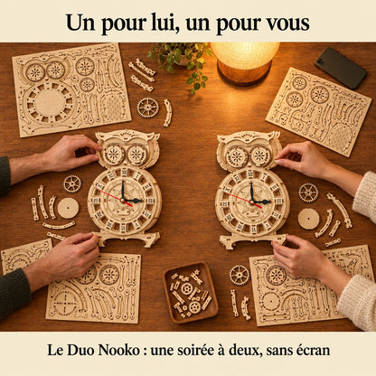 Two people building a NOOKO kit side by side, a screen-free evening