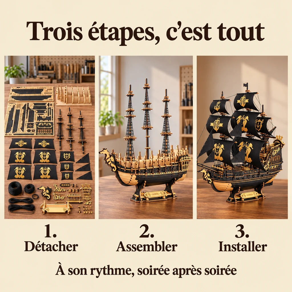The three build steps of the Seahorse Three-Master