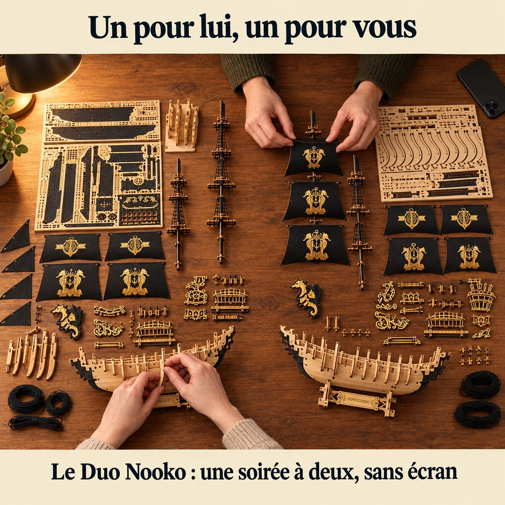 Two people building a NOOKO kit side by side, a screen-free evening