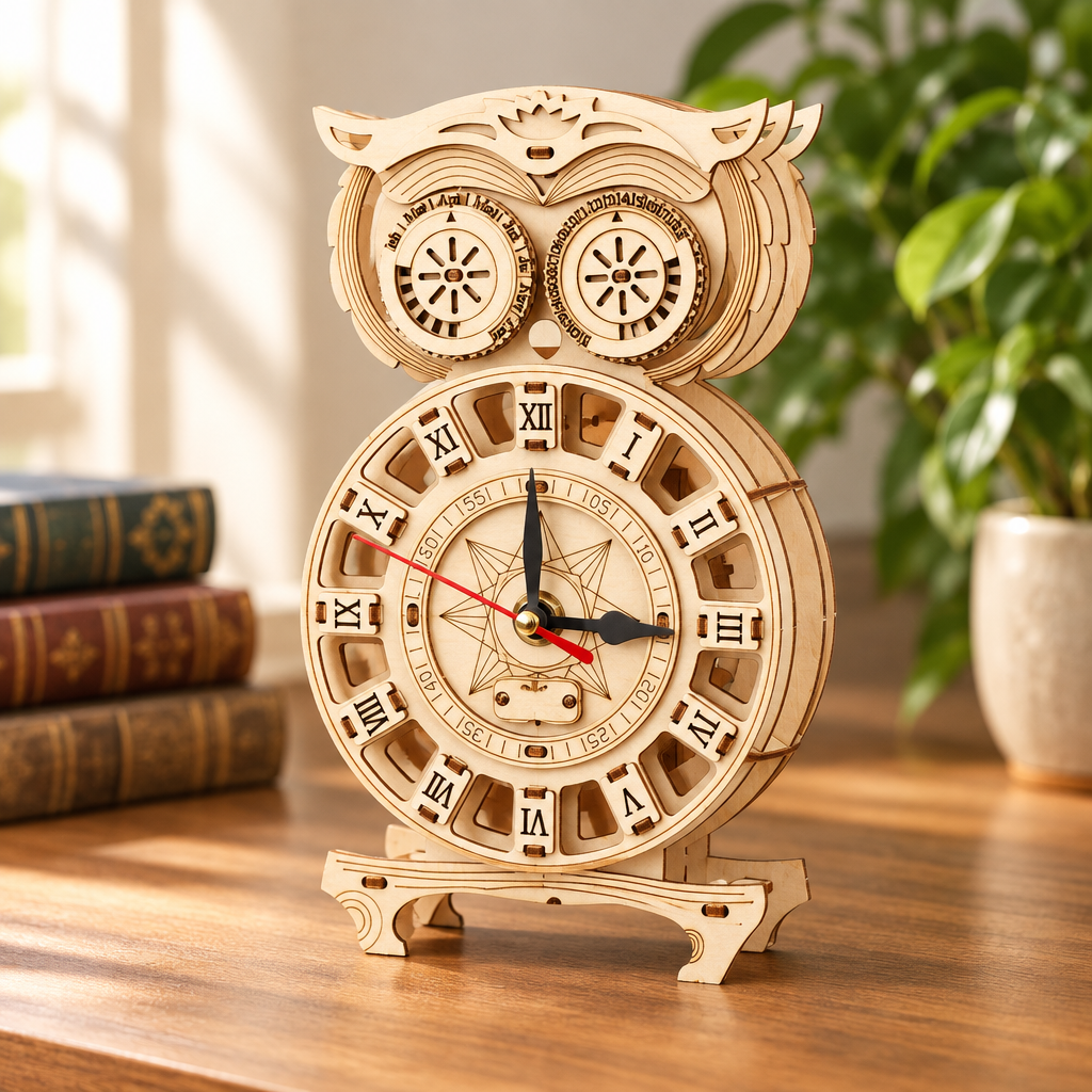 Horloge mecanique en bois a balancier assemblee, posee sur un bureau