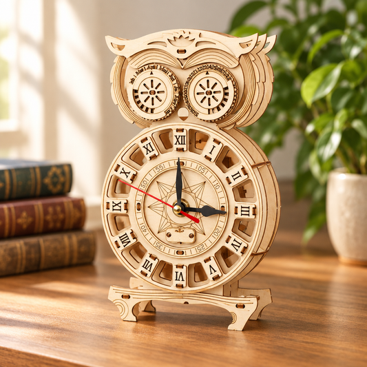 Horloge mecanique en bois a balancier assemblee, posee sur un bureau