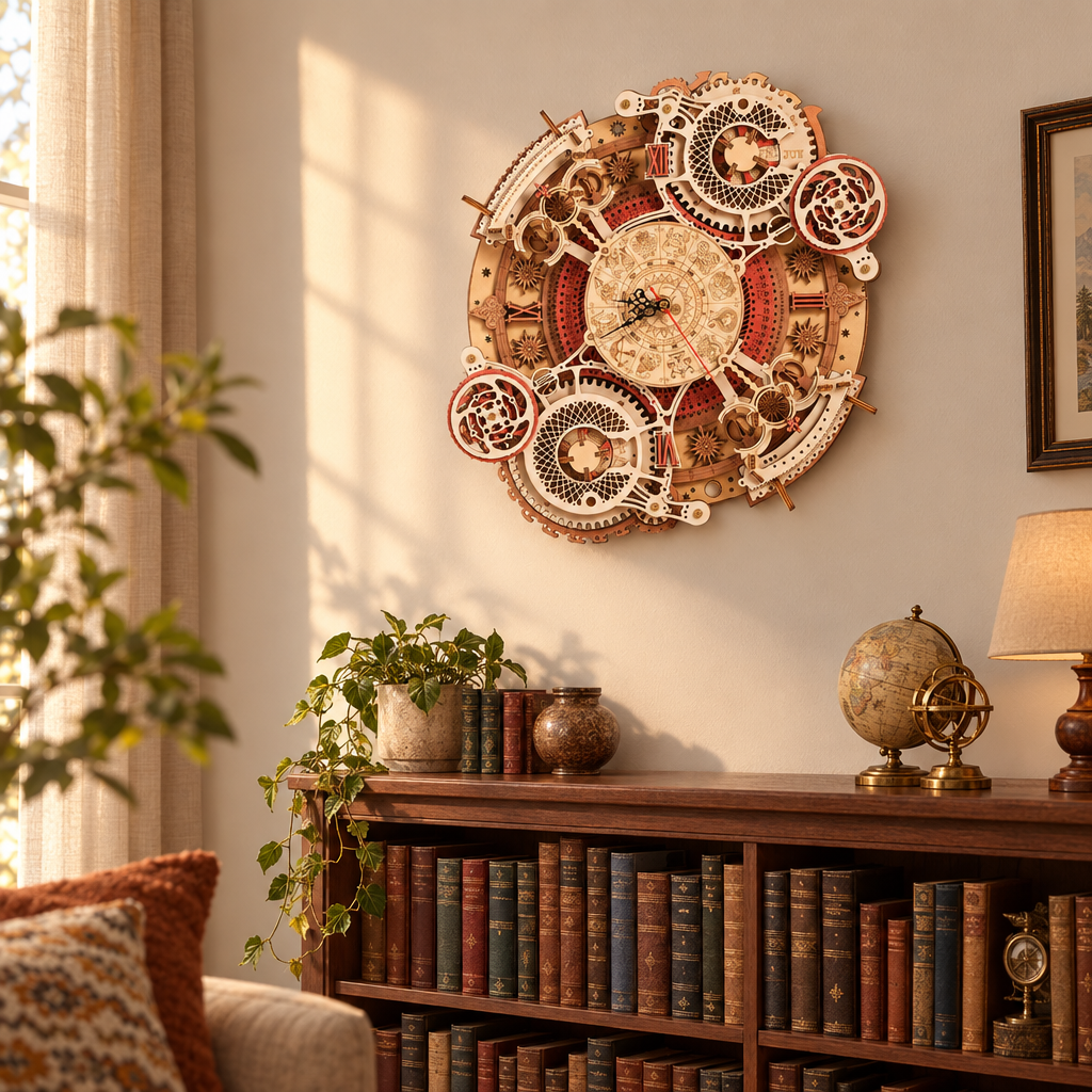L horloge en bois accrochee au-dessus d une bibliotheque