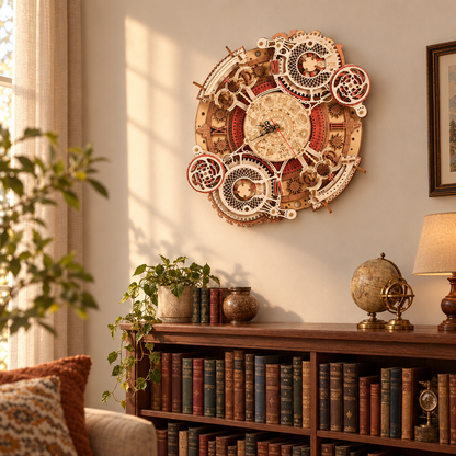 L horloge en bois accrochee au-dessus d une bibliotheque