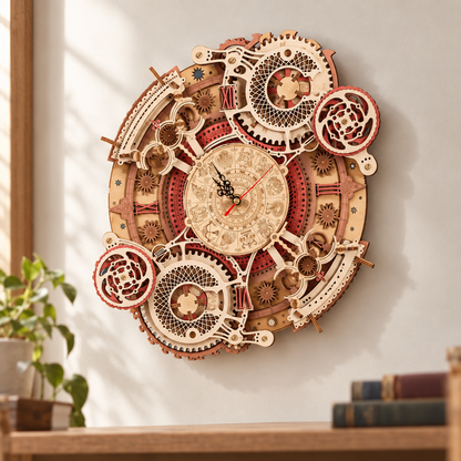 Horloge murale mecanique en bois assemblee, accrochee a un mur clair
