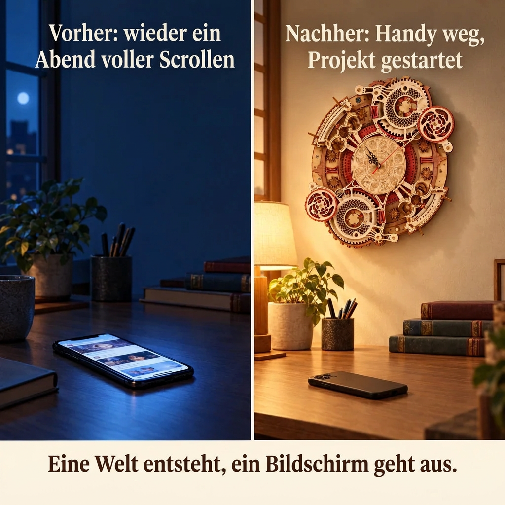 Vorher/Nachher: Handy weg, Aufbau von Steampunk-Wanduhr