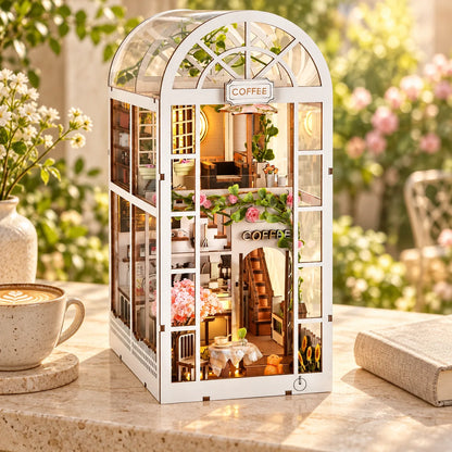 Le Jardin de Café monté et éclairé sur une console en pierre claire