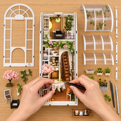 Montage du Jardin de Café vu du dessus avec mains et table miniature