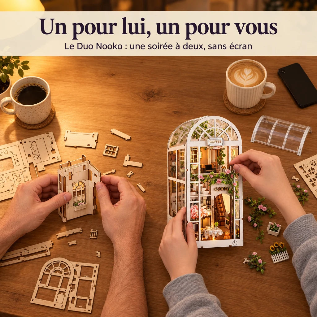 Deux personnes construisent un kit NOOKO côte à côte, une soirée sans écran