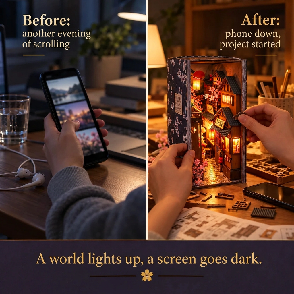 Before/after: phone down, building Kyoto Alley