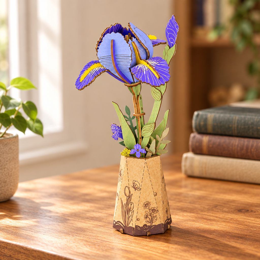 Fleur en bois assemblee dans un petit vase, posee sur un bureau