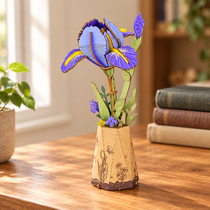 Fleur en bois assemblee dans un petit vase, posee sur un bureau