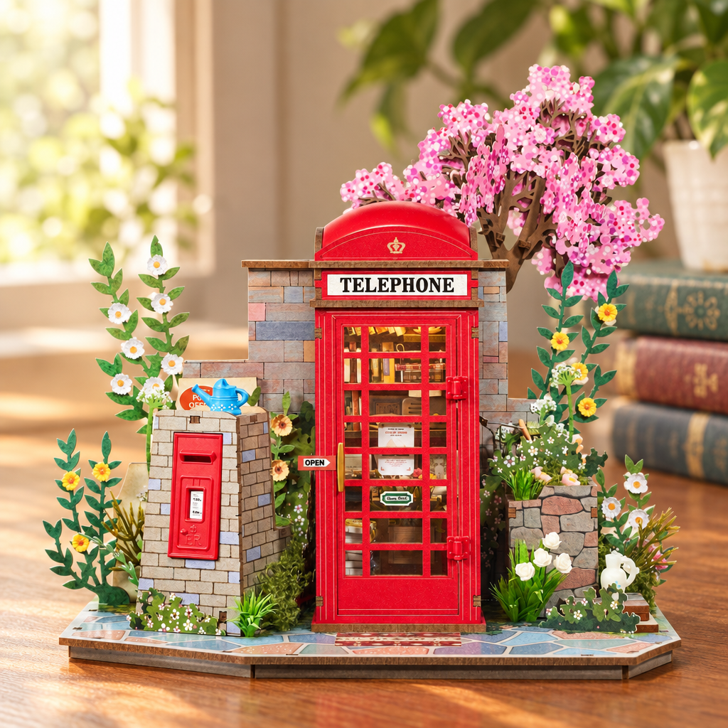 Scene miniature en bois assemblee, posee sur un bureau