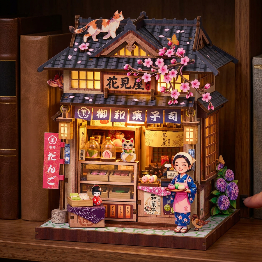 Étape 3 du montage de La Confiserie Hanamiya : le kit terminé et allumé entre des livres