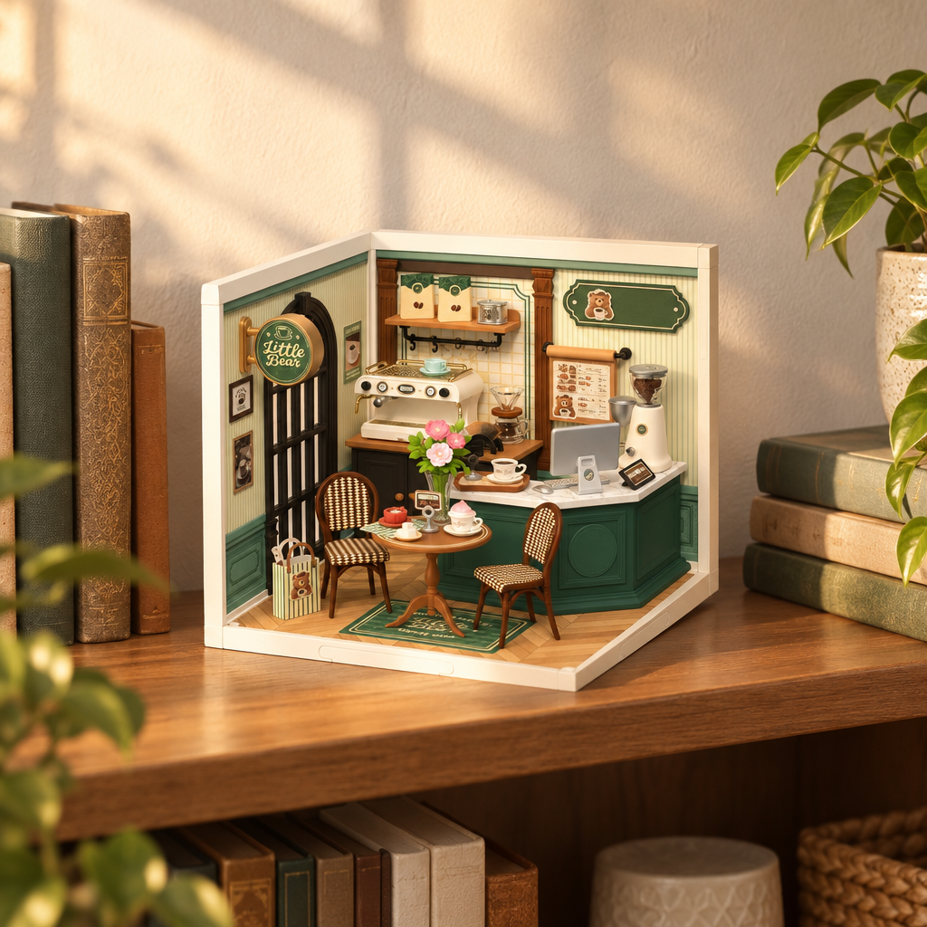 La maison miniature exposee sur une etagere de bibliotheque