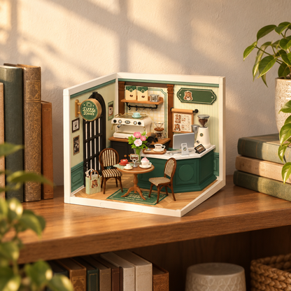 La maison miniature exposee sur une etagere de bibliotheque