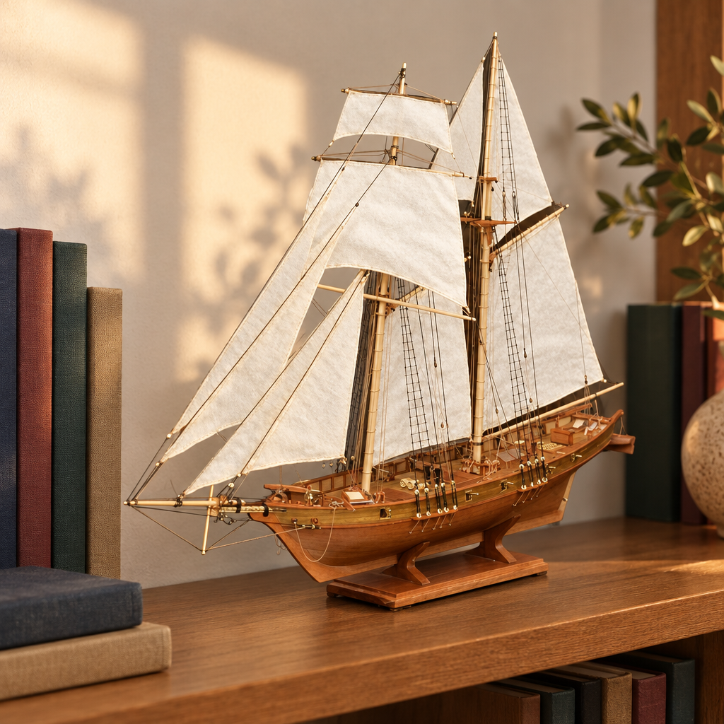 Le voilier en bois expose sur une etagere de bibliotheque