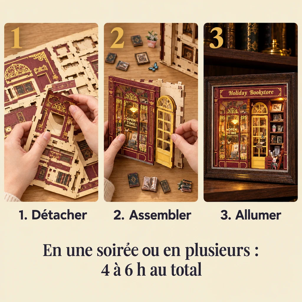 Les trois étapes de montage de La Librairie du Soir