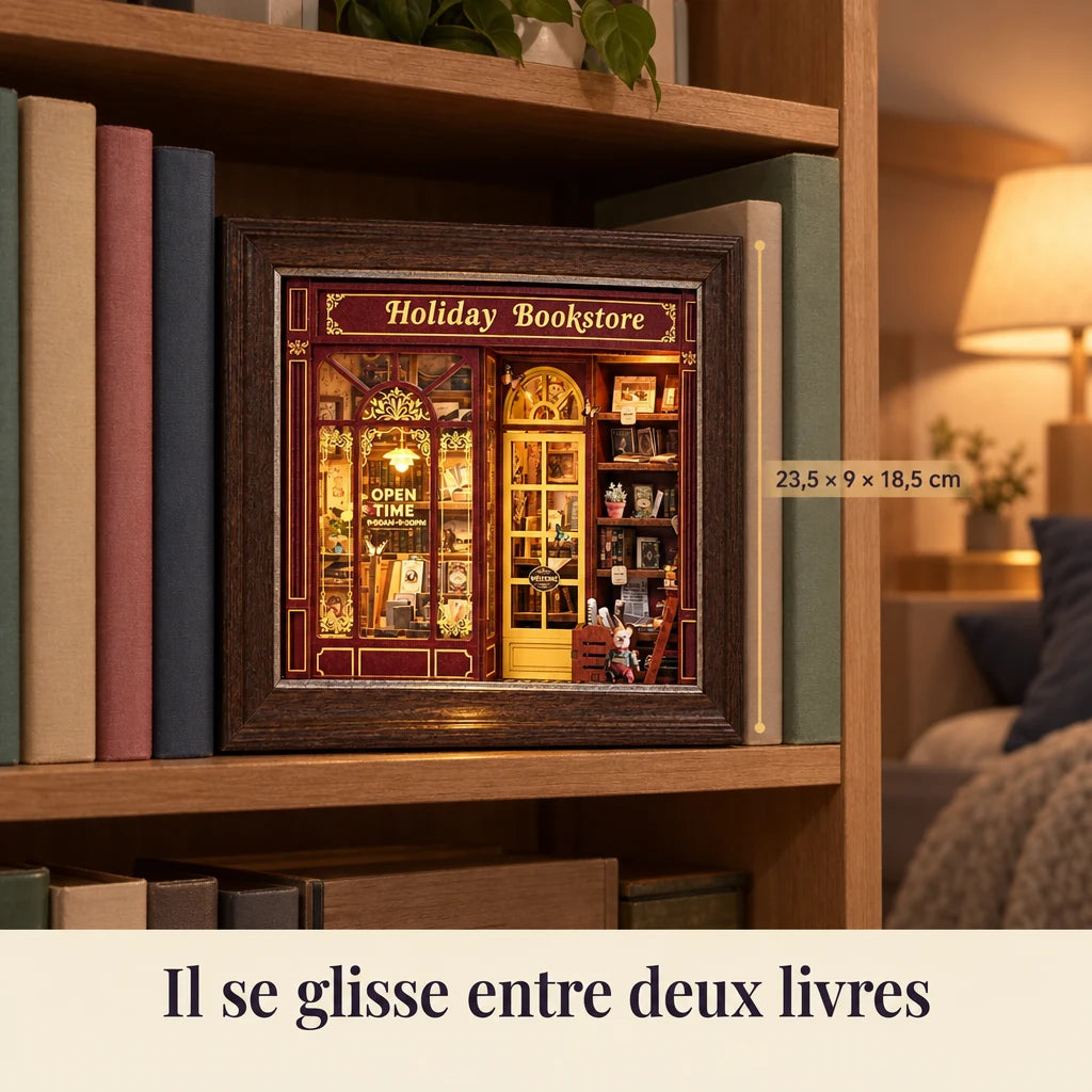 La Librairie du Soir glissée entre deux livres, dimensions 23,5 × 9 × 18,5 cm