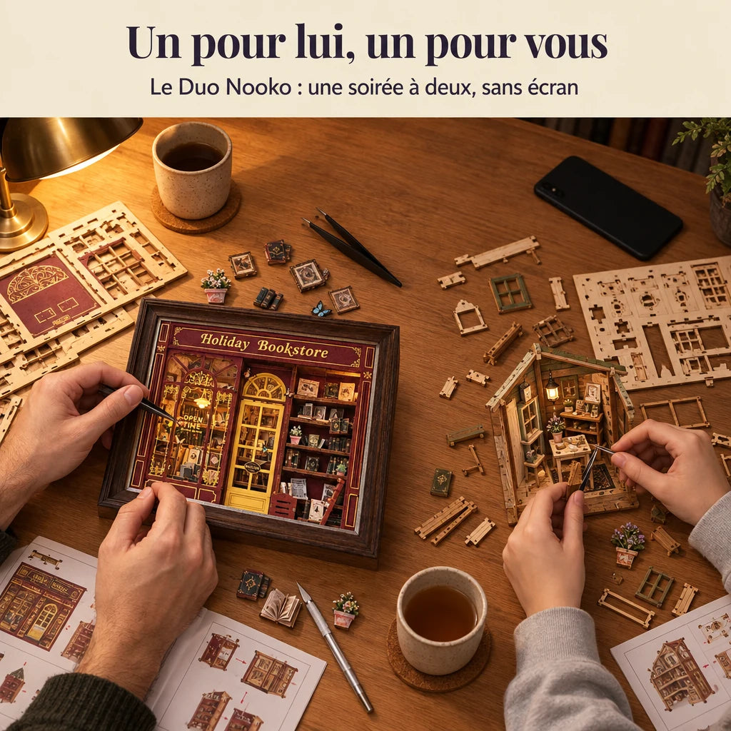 Deux personnes construisent un kit NOOKO côte à côte, une soirée sans écran