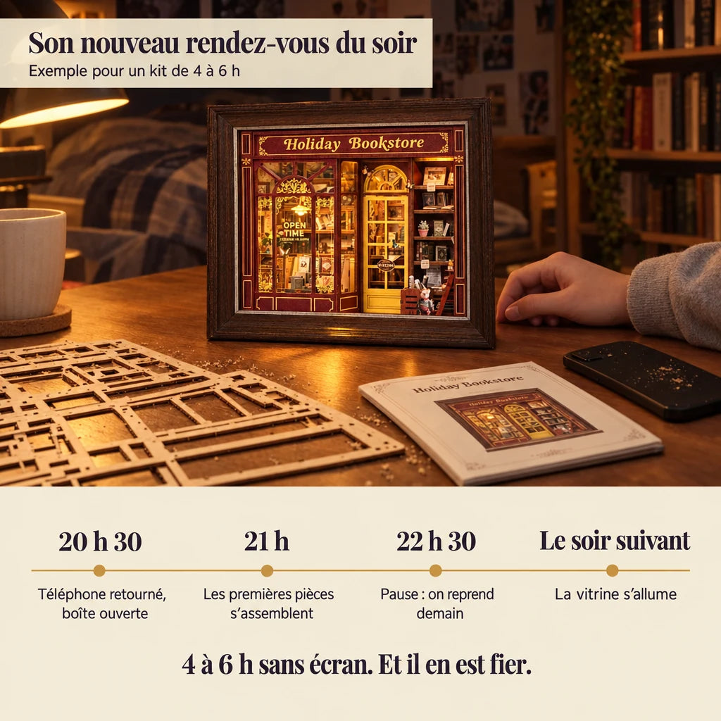 Frise d'une soirée de montage de La Librairie du Soir, téléphone retourné