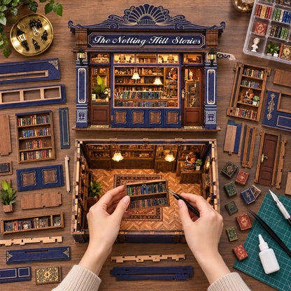 Montage de La Librairie de Notting Hill vu du dessus avec mains et bibliothèque miniature